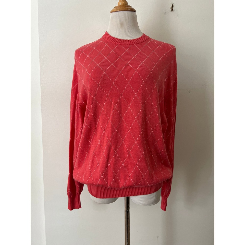 Maus & Hoffman salmon pink white diamond knit crew neck cotton sweater
